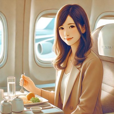 ビジネスクラスを楽しむ女性